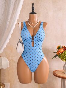 SHEIN Swim 女款一件式波點印花泳衣，胸前圓環裝飾，性感熱帶極簡優雅風，藍色與棕色波點，適合海灘派對、夏季 - 彩色 - 查看 4