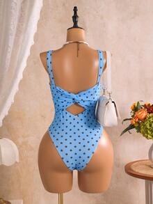 SHEIN Swim 女款一件式波點印花泳衣，胸前圓環裝飾，性感熱帶極簡優雅風，藍色與棕色波點，適合海灘派對、夏季 - 彩色 - 查看 2