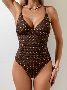 Oceva Women's Polka Dot Spaghetti Strap One-Piece Swimsuit, Suitable For Beach Vacation, Pool Party, Beach Party - Coffee Brown - View 4
