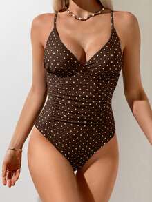 Oceva Women's Polka Dot Spaghetti Strap One-Piece Swimsuit, Suitable For Beach Vacation, Pool Party, Beach Party - Coffee Brown - View 5