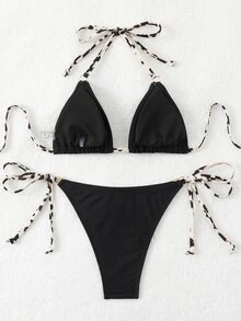 Swim Basics 女式夏季沙灘露背領帶性感比基尼套裝，隨機印花 - 彩色 - 查看 3