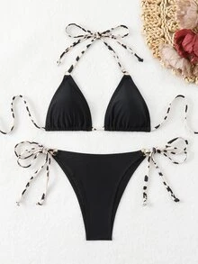 Swim Basics 女式夏季沙灘露背領帶性感比基尼套裝，隨機印花 - 彩色 - 查看 2