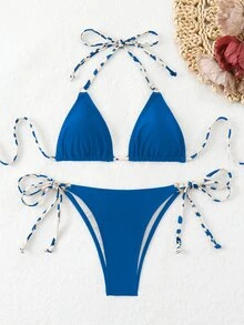 SHEIN Swim Basics Summer Beach Contrast Color Halter Backless Tie-Back Swimwear Set, Random Print - Multicolor - View 2