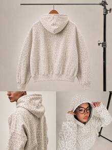 AKNOTIC Men's Grey Knit Letter Embroidered Loose Drop Shoulder Long Sleeve Fashion Hoodie, Suitable For Daily Wear Halloween Winter Party Autumn  - White - View 3
