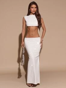 SHEIN BAE Autumn/Winter Party Club Cut-Out Rhinestone Dress, White Dress, Embellished Glamorous Dress - White - View 2