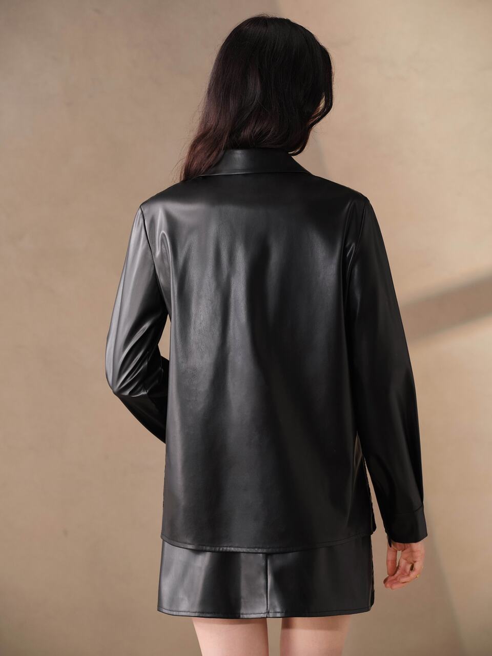 Anewsta Black PU Heavy Embroidery Hollow Out Lapel Single-Breasted Long Sleeve Sheer Blouse Cool Vintage Sexy Elegant Party Night Halloween