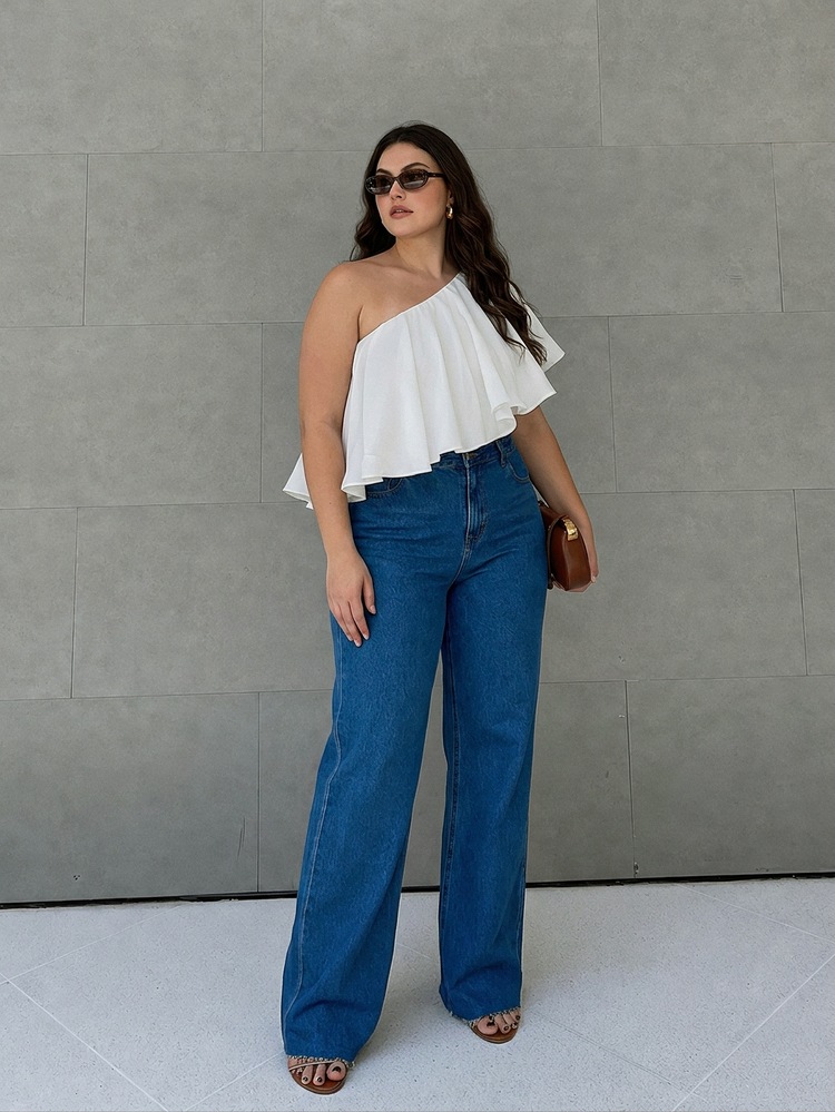 Anewsta Plus Size Women's New Summer Casual Asymmetrical Shoulder Blouse Asymmetric Ruffle Hem Solid Color Elegant Top Suitable For Daily Wear Vacation Commute - White - View 7