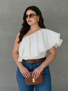 Anewsta Plus Size Women's New Summer Casual Asymmetrical Shoulder Blouse Asymmetric Ruffle Hem Solid Color Elegant Top Suitable For Daily Wear Vacation Commute - White - View 6