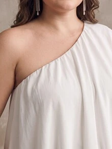 Anewsta Plus Size Women's New Summer Casual Asymmetrical Shoulder Blouse Asymmetric Ruffle Hem Solid Color Elegant Top Suitable For Daily Wear Vacation Commute - White - View 3