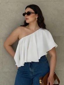 Anewsta Plus Size Women's New Summer Casual Asymmetrical Shoulder Blouse Asymmetric Ruffle Hem Solid Color Elegant Top Suitable For Daily Wear Vacation Commute - White - View 5