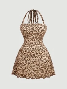 SHEIN MOD Plus Size Summer Beige Dual-Tone Lace Dress Halter Neck Elegant Romantic Exquisite Fur-Like Trim Short Holiday Party Brunch Wear - Brown - View 9