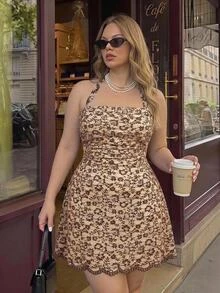 SHEIN MOD Plus Size Summer Beige Dual-Tone Lace Dress Halter Neck Elegant Romantic Exquisite Fur-Like Trim Short Holiday Party Brunch Wear - Brown - View 8