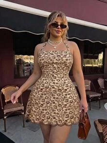 SHEIN MOD Plus Size Summer Beige Dual-Tone Lace Dress Halter Neck Elegant Romantic Exquisite Fur-Like Trim Short Holiday Party Brunch Wear - Brown - View 1