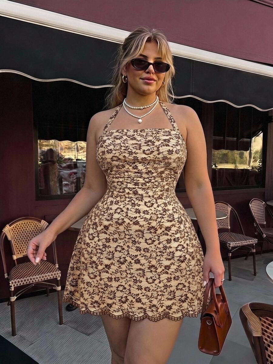 SHEIN MOD Plus Size Summer Beige Dual-Tone Lace Dress Halter Neck Elegant Romantic Exquisite Fur-Like Trim Short Holiday Party Brunch Wear - Brown - View 1