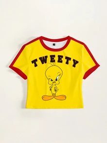 LOONEY TUNES X SHEIN Women's Letter Cartoon Print Casual Daily Short Sleeve T-Shirt - White - View 1