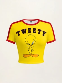 LOONEY TUNES X SHEIN Women's Letter Cartoon Print Casual Daily Short Sleeve T-Shirt - White - View 3