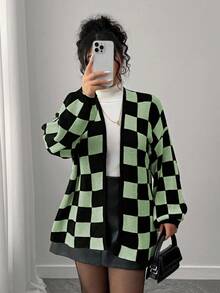 Elenzga 女款時尚休閒拼色拼接棋盤格長袖寬鬆顯瘦大尺碼開襟衫，戶外上衣，度假、派對，秋冬款 - 薄荷綠 - 查看 3