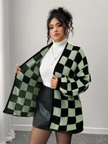 Elenzga 女款時尚休閒拼色拼接棋盤格長袖寬鬆顯瘦大尺碼開襟衫，戶外上衣，度假、派對，秋冬款 - 薄荷綠 - 查看 8