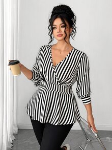 Elenzga Plus Size Women Black & White Striped Wrap V-Neck Lantern Sleeve Cinched Waist Ruffle Hem Blouse Fall - Black - View 4