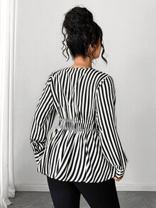 Elenzga Plus Size Women Black & White Striped Wrap V-Neck Lantern Sleeve Cinched Waist Ruffle Hem Blouse Fall - Black - View 2