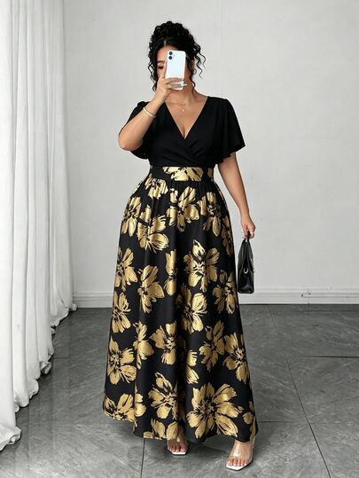 Elenzga Plus Size Women's Autumn/Winter Party Elegant Sexy Banquet Dress Casual Style High-End Design Gold Foil Large Floral Pattern Fashion Stunning Sexy V-Neck Ruffle Sleeve Long Dress