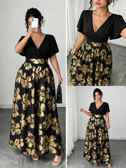 Elenzga Plus Size Women's Autumn/Winter Party Elegant Sexy Banquet Dress Casual Style High-End Design Gold Foil Large Floral Pattern Fashion Stunning Sexy V-Neck Ruffle Sleeve Long Dress
