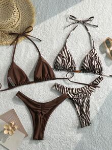 SHEIN Swim 2026春夏棕色条纹串珠四件套泳衣，高端沙滩度假比基尼套装，女士沙滩比基尼套装，度假套装 - 彩色 - 查看 2
