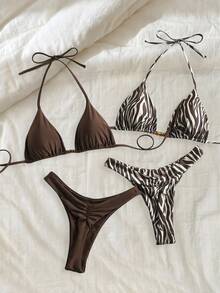 SHEIN Swim 2026春夏棕色条纹串珠四件套泳衣，高端沙滩度假比基尼套装，女士沙滩比基尼套装，度假套装 - 彩色 - 查看 1