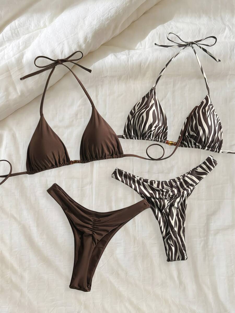 SHEIN Swim 2026春夏棕色条纹串珠四件套泳衣,高端沙滩度假比基尼套装,女士沙滩比基尼套装,度假套装 - 彩色 - 查看 1