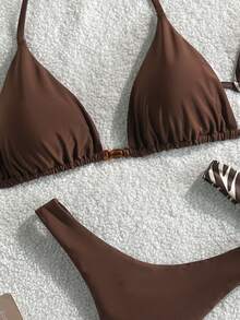 SHEIN Swim 2026春夏棕色条纹串珠四件套泳衣，高端沙滩度假比基尼套装，女士沙滩比基尼套装，度假套装 - 彩色 - 查看 3