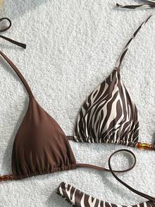 SHEIN Swim 2026春夏棕色条纹串珠四件套泳衣，高端沙滩度假比基尼套装，女士沙滩比基尼套装，度假套装 - 彩色 - 查看 6