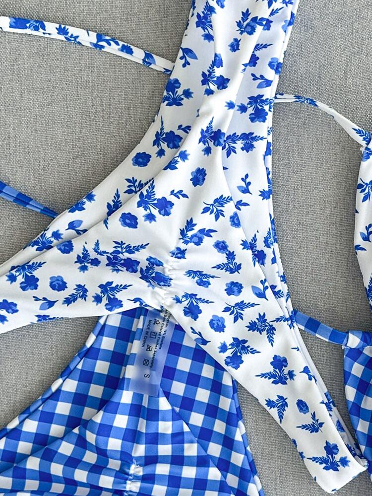 SHEIN Swim 2026 Spring/Summer 4pcs Set Blue & White Plaid + Blue Ditsy Floral Bikini Swimwear Set, Beach Holiday - Multicolor - View 7