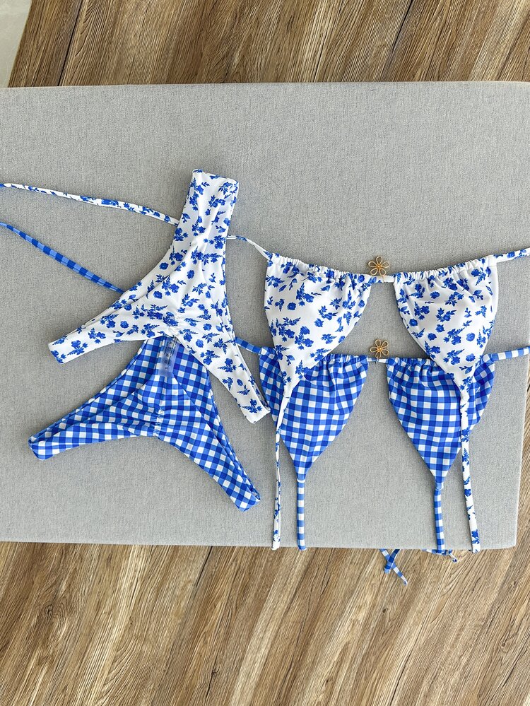 SHEIN Swim 2026 Spring/Summer 4pcs Set Blue & White Plaid + Blue Ditsy Floral Bikini Swimwear Set, Beach Holiday - Multicolor - View 3