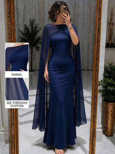 Modelyn Women's Navy Blue Mixed Fabric Patchwork Shawl Slim Fit Bodycon Elegant Romantic Sexy Party Party Night Dinner Date Wedding Long Dress Autumn Concert