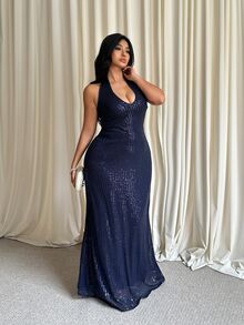 GalTyme Plus Size Women's Solid Color V-Neck Sequin Slim Fit Elegant Halter Neck Dress - Navy Blue - View 3