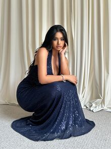 GalTyme Plus Size Women's Solid Color V-Neck Sequin Slim Fit Elegant Halter Neck Dress - Navy Blue - View 1