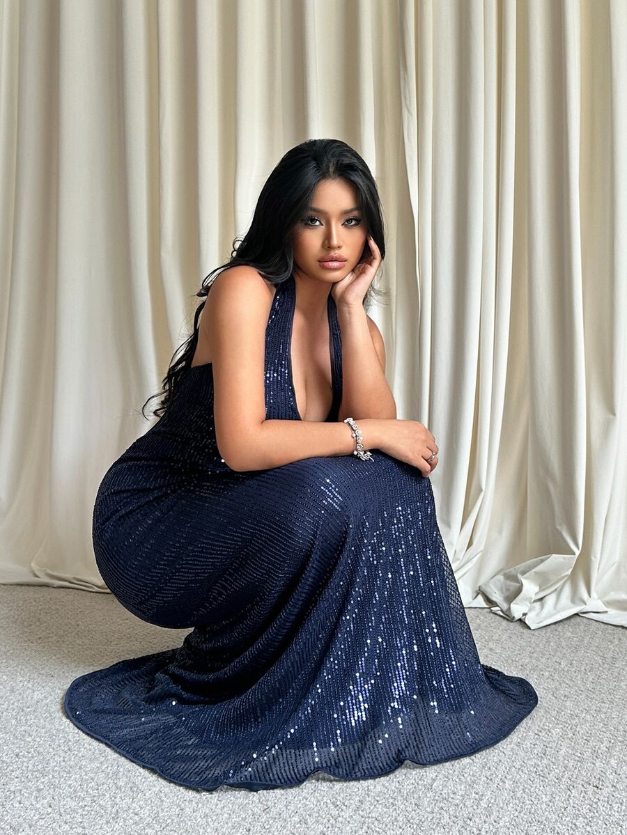 GalTyme Plus Size Women's Solid Color V-Neck Sequin Slim Fit Elegant Halter Neck Dress - Navy Blue - View 1