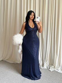 GalTyme Plus Size Women's Solid Color V-Neck Sequin Slim Fit Elegant Halter Neck Dress - Navy Blue - View 2