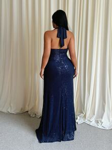 GalTyme Plus Size Women's Solid Color V-Neck Sequin Slim Fit Elegant Halter Neck Dress - Navy Blue - View 6