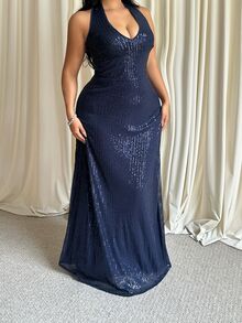 GalTyme Plus Size Women's Solid Color V-Neck Sequin Slim Fit Elegant Halter Neck Dress - Navy Blue - View 5