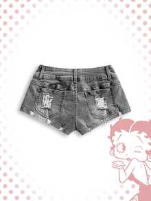 Betty Boop | ROMWE Plus Size Y2K Hot Girl Collaboration Vintage Motorcycle Print Denim Shorts - Grey - View 2