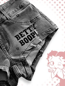 Betty Boop | ROMWE Plus Size Y2K Hot Girl Collaboration Vintage Motorcycle Print Denim Shorts - Grey - View 4