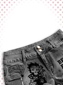 Betty Boop | ROMWE Plus Size Y2K Hot Girl Collaboration Vintage Motorcycle Print Denim Shorts - Grey - View 3