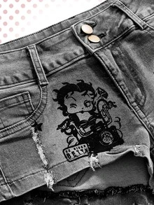 Betty Boop | ROMWE Plus Size Y2K Hot Girl Collaboration Vintage Motorcycle Print Denim Shorts - Grey - View 5