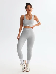 Sovereign Charm Casual Minimalist Solid Color Tank Top And Leggings Athletic Outfit Workout Women Sets - Grey - View 7