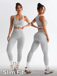 Sovereign Charm Casual Minimalist Solid Color Tank Top And Leggings Athletic Outfit Workout Women Sets - Grey - View 3
