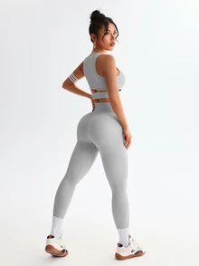 Sovereign Charm Casual Minimalist Solid Color Tank Top And Leggings Athletic Outfit Workout Women Sets - Grey - View 6