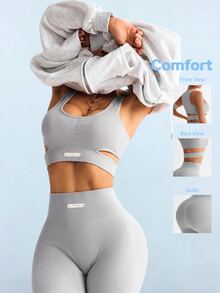 Sovereign Charm Casual Minimalist Solid Color Tank Top And Leggings Athletic Outfit Workout Women Sets - Grey - View 2