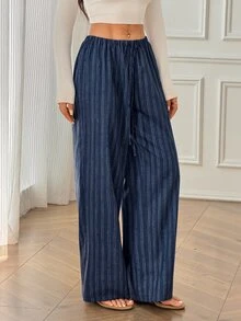 SHEIN PETITE 女款休閒繫腰直筒長褲，適合夏季 - 彩色 - 查看 6