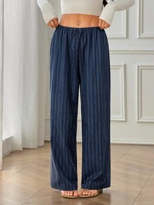 SHEIN PETITE 女款休閒繫腰直筒長褲，適合夏季 - 彩色 - 查看 4